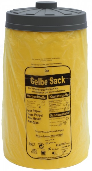 Sacktonne gelb für gelben Sack mit grauem Deckel - clevere Einfüllhilfe - Sack reißt nicht mehr